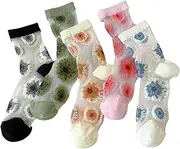 [Ao Yee ZGL] Women's thin socks, summer transparent lace high elasticity jacquard crystal glass socks 5 pairs for womens girls, Flower 5 Pairs, Large