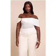 Plus Cream Textured Trim Detail Bardot Top, Cream