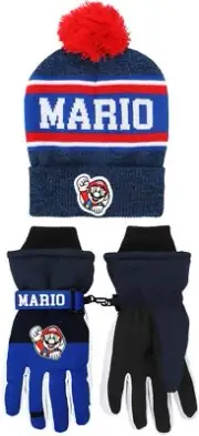 SUPER MARIO BROS NINTENDO Knit Hat & Ski Gloves Set Cuffed Pom Beanie NWT $30