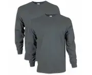 2 Pack Mens Cotton Crew Neck Long Sleeve Blank Plain Basic T-Shirt Tee Top Bulk - Charcoal