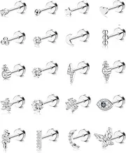 [Kakonia] 20Pcs Stainless Steel Stud Earrings for Women Men 20G Tiny Cartilage Stud Earrings Small Snake Star Moon Ball Butterfly Heart Eye Flower Screwback Flat Back Stud Earrings