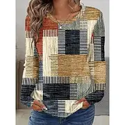 Easter Women's T Shirt Graphic Geometric Plaid Vintage Stylish Classic Long Sleeve Crew Neck Round Neck Regular Tops Daily Print Khaki Summer Spring Fall