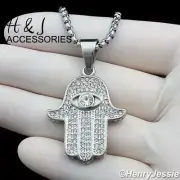 18"-36"Stainless Steel 3mm Silver Box Link Necklace ICY CZ 3D Hamsa Pendant*P140
