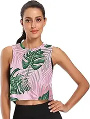 [ODAWA] Tropical Leaves Green Womens Crop Tops Workout Running Shirts Loose Tee Tops Sizes S-2XL