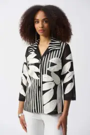 Joseph Ribkoff Black/Vanilla Stripe & Leaf Embroidery Jacket 251963