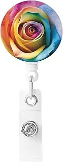 Rainbow Rose Flower Badge Reels Retractable Badge Holder with Keychain Badge Clip ID Card Holders Nursing Badge Reel for Key Name Card Holder