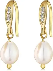 [Kawlxpp] Pear-Shaped Freshwater Pearl Drop Earrings, 18K Gold Plated with Cubic Zirconia, Elegant Jewelry for Women
