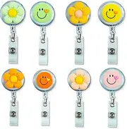 8 Pcs Cute Retractable Badge Holder Reel, Smiley Face and Sunflower Flower Nurse Badge Reel, Clip On Name Badge Tag with Belt Clip, ID Badge Reels Clip Card Holder for Office Workers Doctors Students