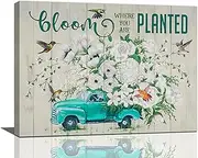 Rustic Bathroom Flower Wall Art Country Teal Truck Pickup Canvas Prints Painting Blossom White Floral Pictures Framed Positive Artwork Home Decor for Bathroom Bedroom Dining Living Room 16"x12"