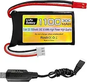 7.4V 2S 30C 1100mAh Rechargeable Lipo Battery with JST Plug for WLtoys A949 A959 A969 A979 RC Car Compatible with Most 1/10, 1/16, 1/18, 1/24 Rratio RC Car Truck, with USB Charging Cable