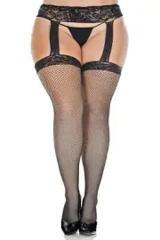 Plus Size Fishnet Stockings With Attached Lace Garter Belt (20656q)