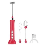 Rechargeable Handheld Milk Frother 3 Gear Speeds Drink Mixer with 3 Heads Red