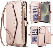 XIMAND Detachable 2-in-1 Case for Samsung Galaxy S24 - Wallet Cover with Card Slots, RFID Blocking, Compatible with Magsafe Charging and Car Mount, Wrist & Crossbody Strap.(Rose Gold)
