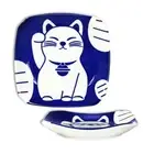 2 PCS. Japanese 3.75" Sq Sushi Soy Sauce Dipping Dish Blue Maneki Neko Lucky Cat
