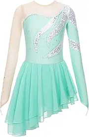 [Loodgao] Kids Girls Rhinestone Sequin Long Sleeve Figure Ice Roller Skating Dress Dance Competition Costume