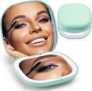 Makeup Mirror with LED Light, Mini Travel Mirror 5X Magnification for Eye Processing Details, USB Rechargeable Small Hand Pocket Mirror with Touch Screen Adjustable Brightness (Light Green)