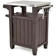 Keter Outdoor Grill Prep Table & Serving Cart, Stainless Steel Top, Unity, 40 Gal, Brown - Portable Bar Table and Cooking Accessory for Pool, Patio, Lawn, and Backyard