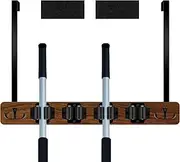 DNAMYJME Broom Mop Holder Over The Door Rustic Style 4 Slots Broom Storage Rack with 2 Hooks Drilling Mop Broom Organizer for Laundry Room Garage Kitchen Bathroom(Log Color)