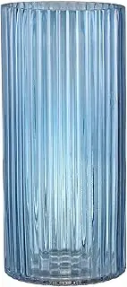 YANWE Blue Glass Vase - Ribbed, Tall Cylinder, 10 Inches for Centerpieces, Living Room, Bedroom, Dining Table, Office, Wedding, Bookshelf Decoration