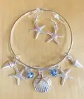 Star Fish~Sea Shell & Earring Set bright Silver charm Expandable Bangle Bracelet