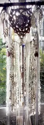 Gorgeous Fleece & Macrame With Healing Crystals Wall Hanging Mobile. Postpaid.
