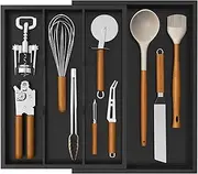 Lifewit Utensil Drawer Organizer, Expendable Cooking Silverware Tray for Kitchen Drawer, Bamboo Adjustable Cutlery Flatware Holder, Spatula Tools and Gadgets Storage Divider, 4 Compartments,Black