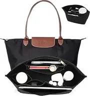 Umiup Purse Organizer Insert for Longchamp Le Pliage Medium Handbag Insert, Felt Handbag Organizer Insert Large Tote with Cup Holder, Bag Organizer with Zipper,8 Compartments-Black,M10.23*7.87*5.12in