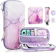 FANPL Nintendo Switch & Switch OLED Carrying Case, Purple Cute Travel Hard Protective Cover with Adjustable Shoulder Strap, Game Card Case, Thumb Grips - Marble