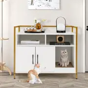 CostwayCat Litter Box Enclosure with Double Doors &amp; Scratch Cardboard-White