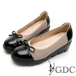 GDC-小香學院風真皮拼接蝴蝶結楔型厚底包鞋-灰色