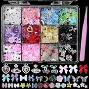 3D Nail Charms and Gems, Assorted Bows Flowers Color Butterfly Rose Flowers Star Heart Hollow Nail Charms Silver Cherry Heart Nail Gems Rhinestone Charms for Nail Art DIY Design