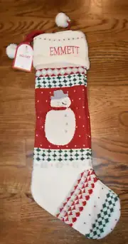 Pottery Barn Kids Snowman Heirloom Knit Christmas Stocking EMMETT Monogram NWT