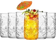 Tiki Glasses Set of 6 - Highball Glasses 17 oz - Hawaiian Party Tropical Beach Bar Drinking Glass - Cocktail Water Tumblers - Dishwasher Safe