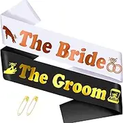 "The Bride & The Groom - 2 Pcs Groom to Be and Bride to Be Sash Kit, Gold Glitter Bachelor & Bachelorette Party Sashes for Wedding Bridal Shower Decorations Engagement Gifts (Black, White)