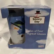 Set of 4 Snowman Highball Drinking Glasses Snowy Day Blue 16 oz Sakura Oneida