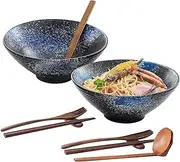 60 oz Large Ceramic Japanese Ramen Noodle Soup Bowls, 2 Sets (10 Piece Total) Comes with Matching Spoons, Chopsticks, Forks and Racks for Udon Soba Pho Asian Noodles, Black-Blue