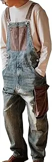 [MADEPANTS] Men's Contrast Patchwork Overalls Distressed Denim Dungarees