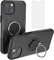 Compatible with iPhone 13 6.1 inch Case and Tempered Glass Screen Protector Cover Slim Magnetic Ring Holder Stand Rugged Cell Accessories Phone Cases for iPhone13 5G i i-Phone i13 iPhone13case Black