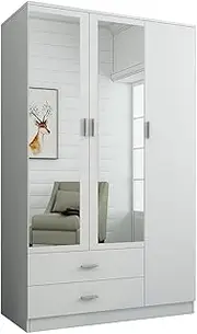 Luxsuite Wardrobe Closet Mirrored Wooden Storage Cupboard Cabinet 3 Door 2 Drawer White