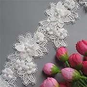 1 Yard Soluble White Pearl 3D Flowers Embroidered Lace Trim 9CM Width Vintage Knitting Lace Ribbon Fabric Applique Patchwork Patches Handmade Wedding Sewing Supplies Craft for Costume Decoration
