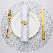 Evevda Silver Round Placemats Set of 6 Metallic Pressed Vinyl Circle Table Mats Wipeable Hollowout Place Mats for Table Decor Holiday Wedding Accent Centerpiece