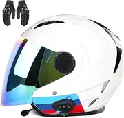 Bluetooth Motorcycle Open Face Helmet Vintage 3/4 Scooter Helmet for Adults DOT/ECE Approved Retro Modular Half Helmet Light Moped Helmet