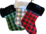 Buffalo Plaid Flannel Christmas Stockings Green Red Grey Fur Collar Handmade New