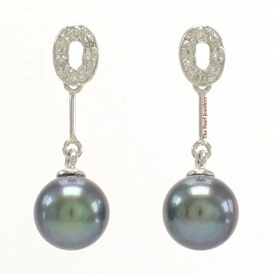 Solid 14k White Gold AAA Black Pearl & Diamond Dangle-Stud Earrings
