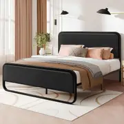 ALFORDSON Metal Bed Frame Queen Size Upholstered Headboard Black Leather MADGE