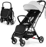 BABY JOY Lightweight Baby Stroller, Compact Travel Stroller for Airplane, Infant Toddler Stroller w/Adjustable Backrest & Canopy, Storage Basket, Self Standing Gravity Fold, Aluminium Frame (Grey)