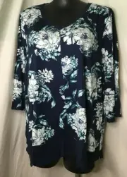 AUTOGRAPH BLUE FLORAL "CHIFFON HEM" 3/4 SLEEVE STRETCH TOP SZ 28-NEW REDUCED $