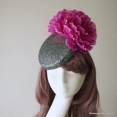 Silver Hat Purple Flower Fascinator Wedding Guest Race Day Millinery