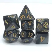 New 7 Piece Polyhedral Pearlescent Nacreous Black W/ Gold Num Dice Set and Bag