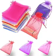 LYSXP 100 Pcs Organza Bags 4×6Inches，Random 10colors Mesh Organza Jewelry Bags, Small Drawstring Favor Pouches Christmas Candy Wedding Birthday Party Bags (Mixed Color,4"×6"）